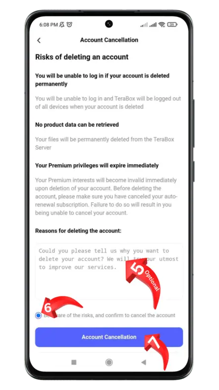 reason field and tera box account remove button