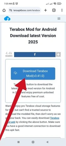 terabox premium mod apk download button
