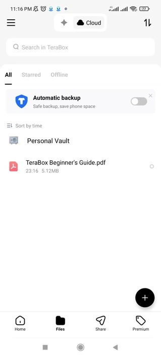 terabox premium automatic backup screen
